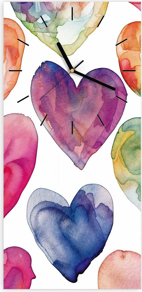 Wanduhr aus Glas mit Motiv Aquarellherzen- 30 x 60 cm - inkl. Aufhängesystem