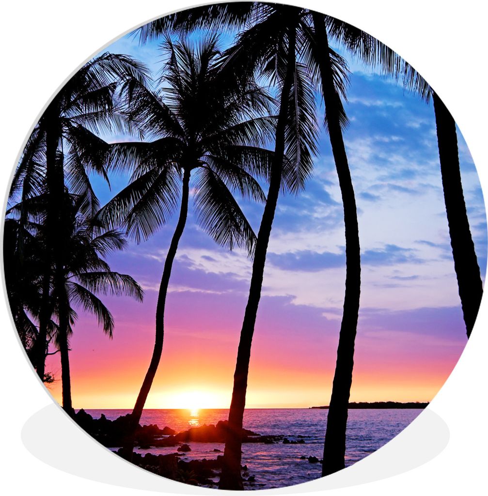 MuchoWow Rundes Wandbild - Runde Bilder Eine Silhouette von Palmen während eines Sonnenuntergangs auf Hawaii Ø 60 cm Kreis Wanddekoration Kunst...