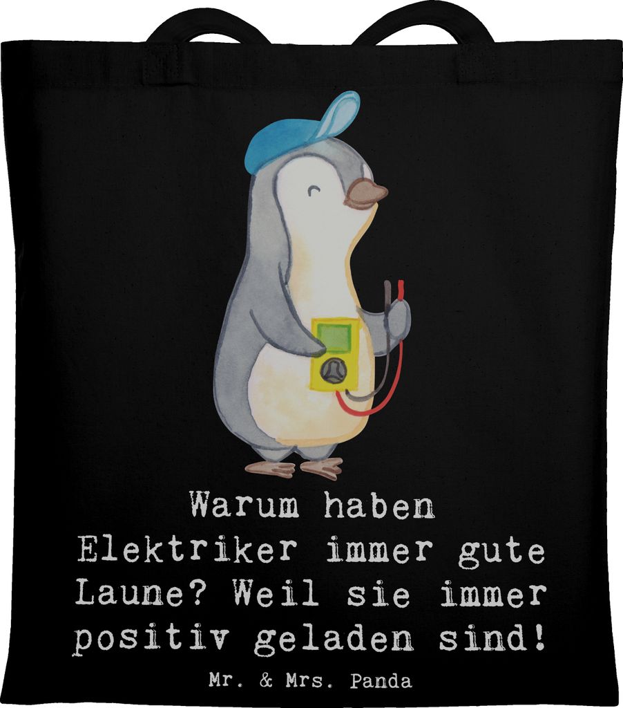 Mr. & Mrs. Panda Tote Bag Positiver Elektriker - Schwarz - Geschenk, Berufsgestaltung, Tasche, gute Laune, Laptoptasche, Schultasche, Berufe, Shopp...