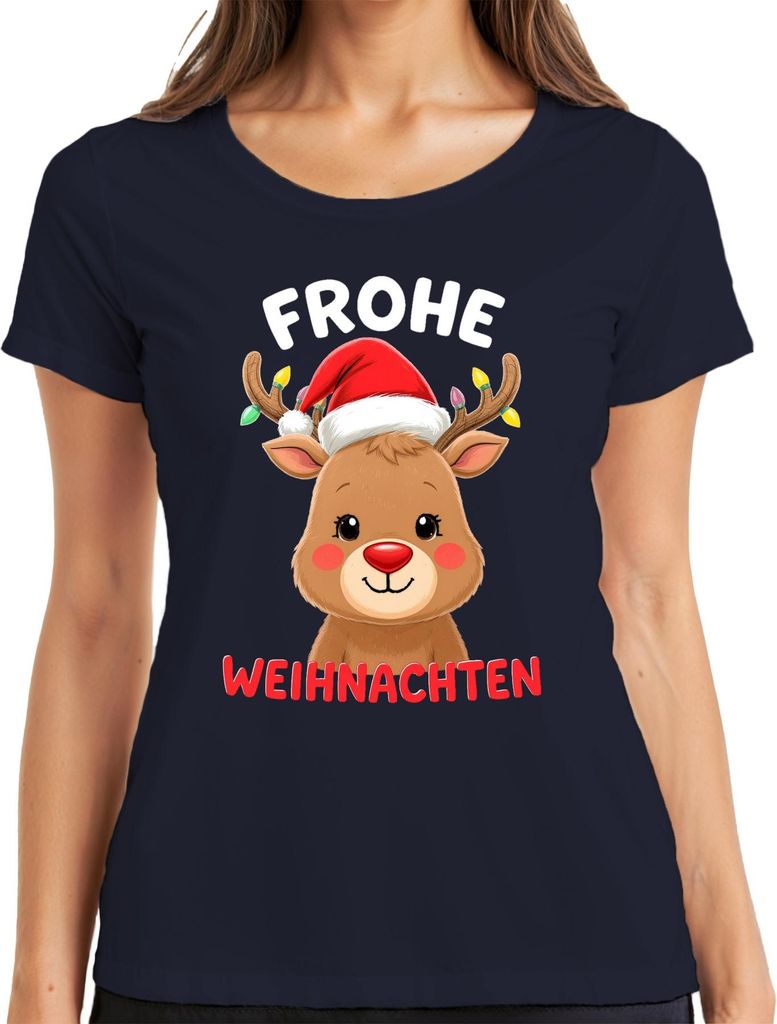 Frohe Weihnachten Weihnachtsgeschenk Rentier niedlich Rudolph Damen T-Shirt, Navy, M
