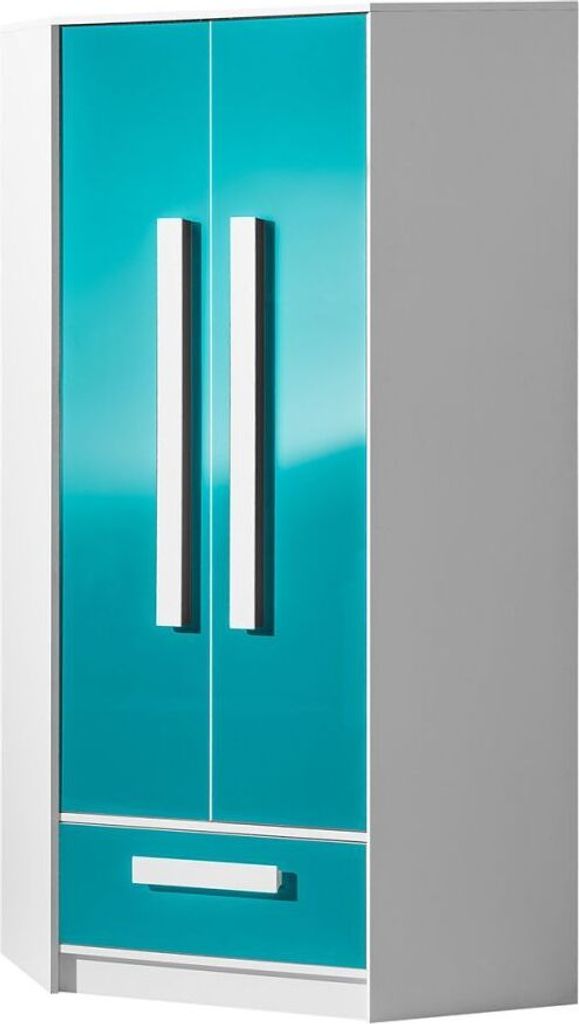 Kinderzimmer - Drehtürenschrank / Eckkleiderschrank Walter 02, Farbe: Weiß / Blau Hochglanz - 191 x 87 x 87 cm (H x B x T)