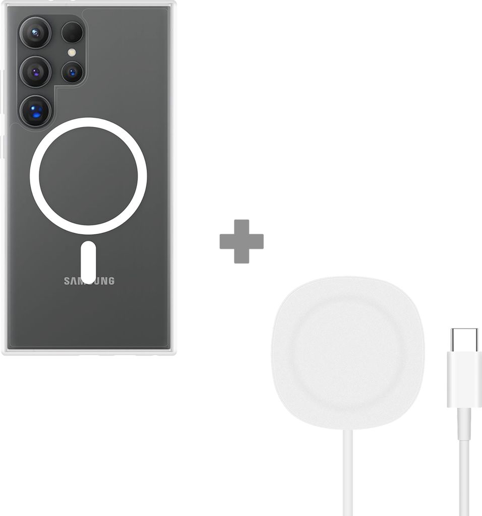 Cazy Weiches TPU Hülle geeignet für Samsung Galaxy S24 Ultra - mit Magnetischem Ring - Transparent + 2 in 1 Magnetisches Kabelloses Ladegerät 15W