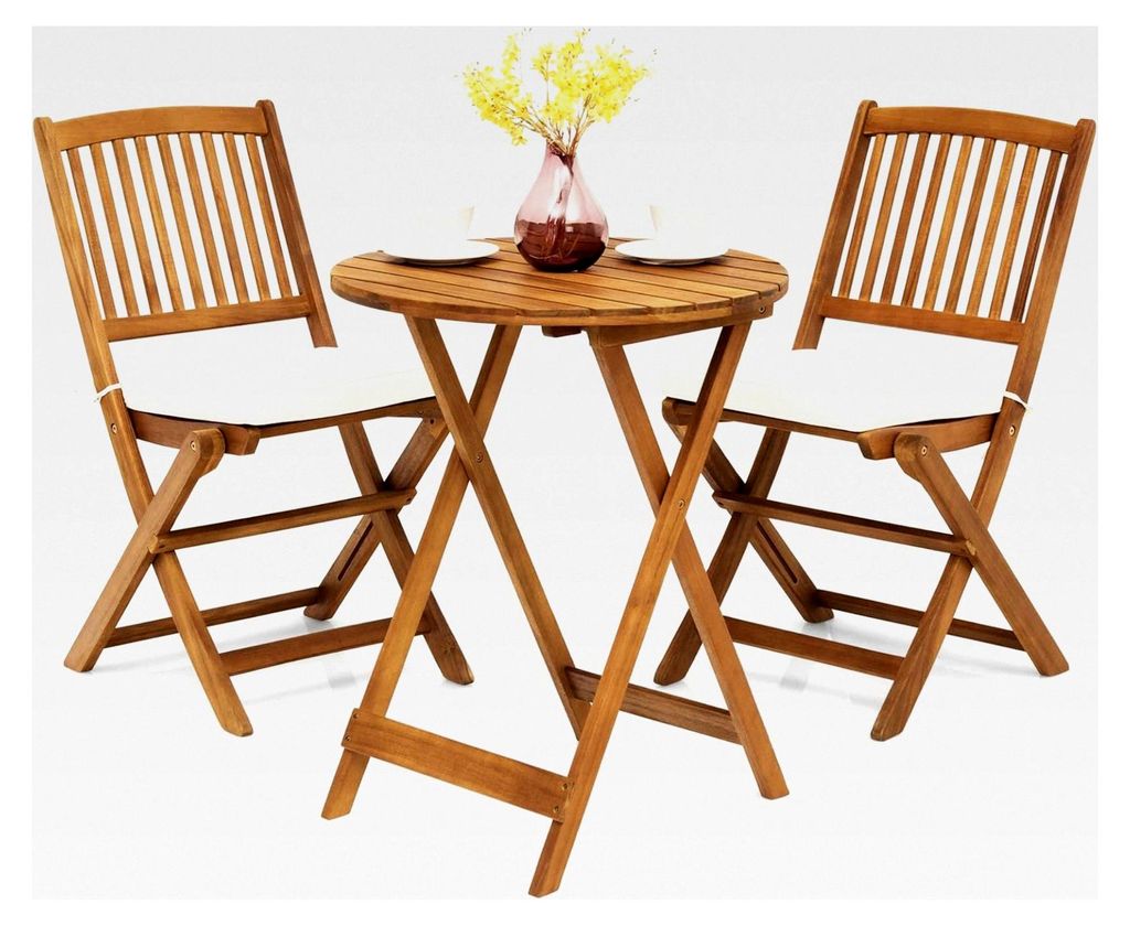 Balkonmöbel für kleine Balkone, runder Bistrotisch mit 2 klappbaren Stühlen, 3-teiliges Gartenmöbelset aus Holz, Balkonset für 2 Personen, Gar...
