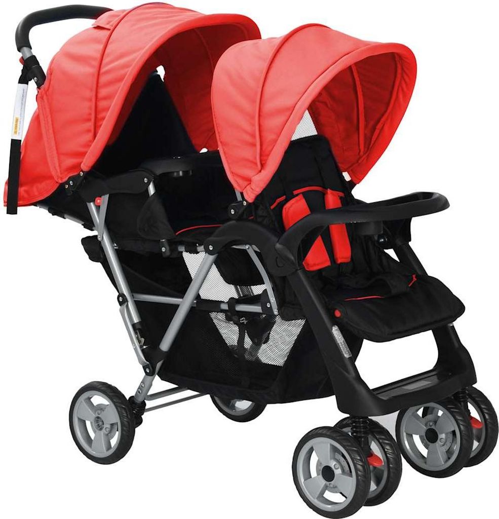 A tandem stroller with red canopies and black seats, shown from a front-side angle against a white background.