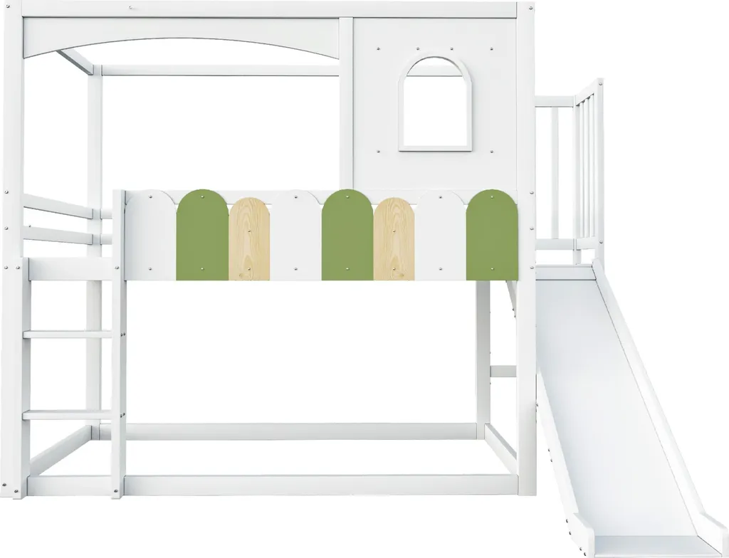 OKWISH Lit Superposé Enfant 90x200 Blanc avec Toboggan et Cadre Maison