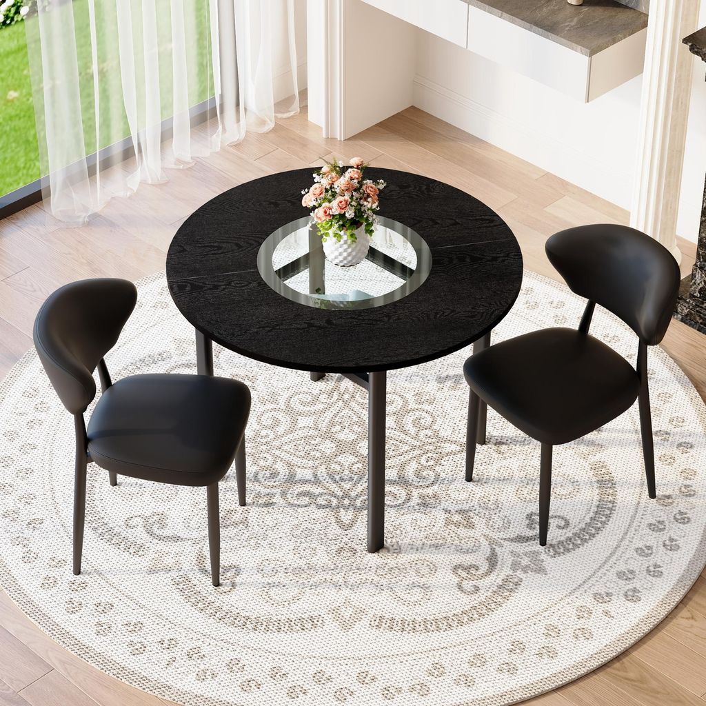 3-Teilige Essgruppe Rund Ø 100cm Schwarz- Esstisch mit 2 Stühlen aus Kunstleder - Moderner Küchentisch mit ESG-Sicherheitsglas & Ablage - Platzs...