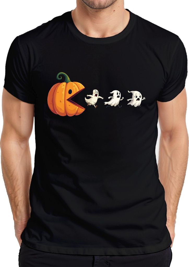 Halloween Kürbis Pacman Geister Party Lustig Cartoon Geschenk Herren T-Shirt, Schwarz, XL