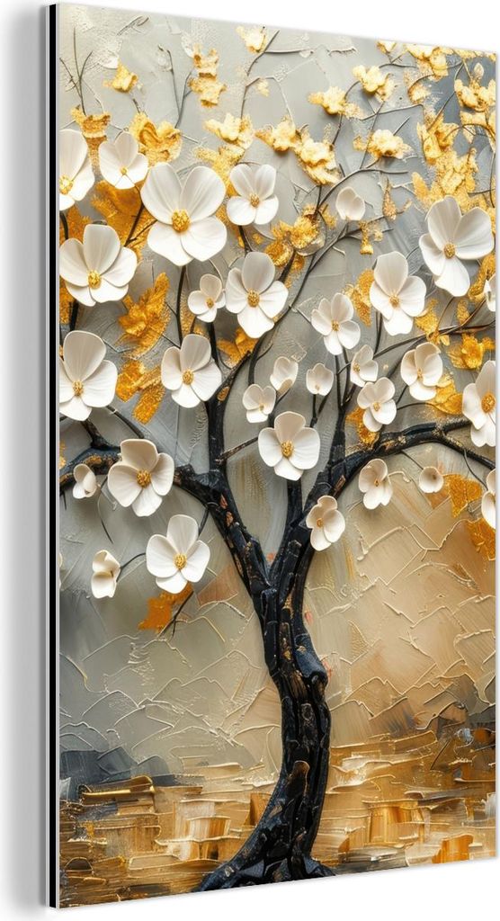 MuchoWow Wanddekoration Metall Metallbild Wandkunst 80x120 cm Baum - Blumen - Gold - Beige MuchoWow Aluminium Gemälde - Bilder