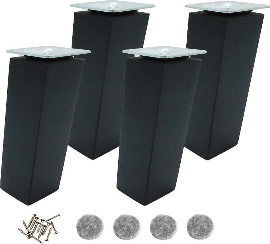 Four black furniture legs with silver tops are arranged in a group on a white background. A small pile of screws and four felt pads are also visible at the bottom.