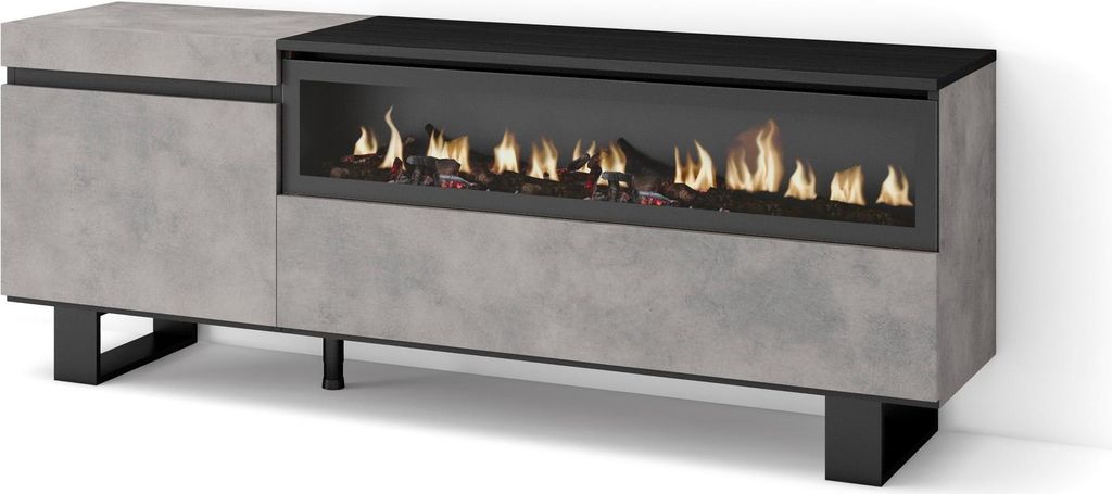 TV-Schrank, Lowboard, 150x35x57cm, Für TV-Geräte bis zu 65", Elektrokamin. Industriedesign, Zementgrau