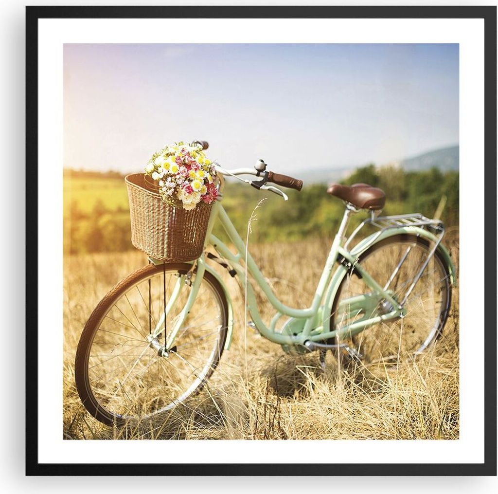 Gerahmtes Poster - Schwarzer Rahmen - Fahrrad Wiese Blumen Produktbild 