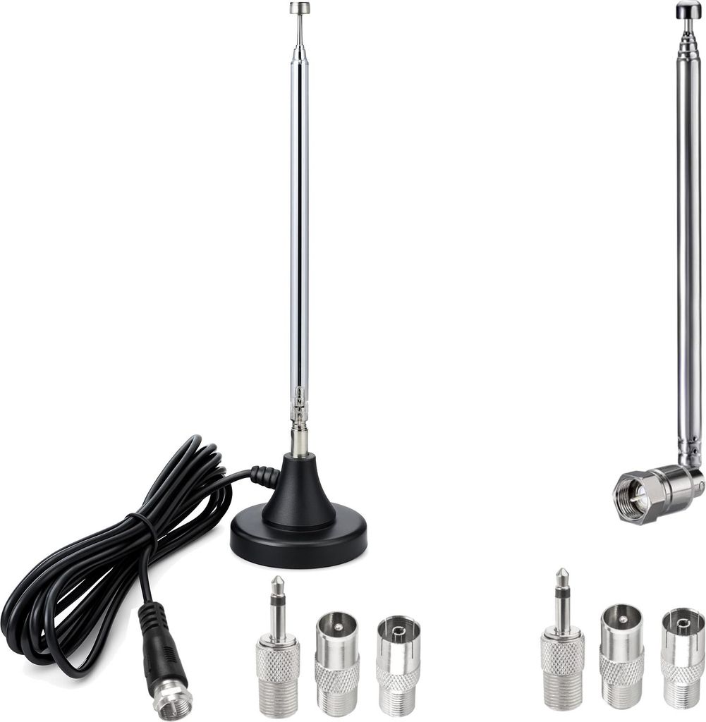 Minadax Radio & TV - 8 teiliges Teleskop Antennen Set mit Magnetfuß & Standard-Basis – DVB-T/T2, DVB-C, FM & DAB - 3 m Kabel - 6 Adapter – Uni...