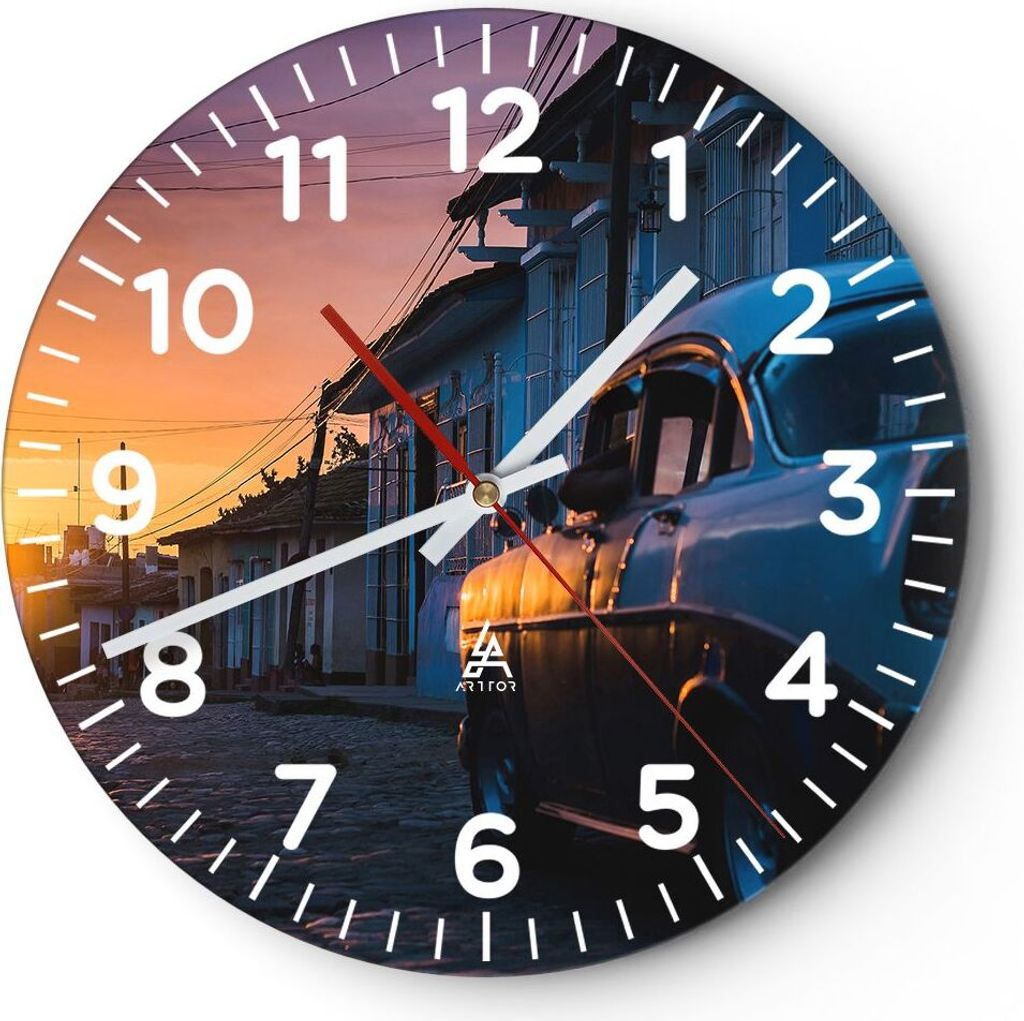 Wanduhr - Rund - Glasuhr - Straße Auto Haus - 30x30cm - Schleichendes Uhrwerk - Lautlos - zum Aufhängen bereit - Dekoration Modern - Wanddekorati...