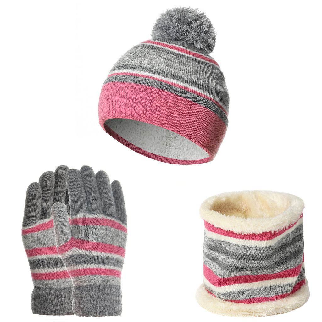 1 Set verdicken Strickmütze Schal Handschuhe weich dehnbar Herbst Winter Streifen Strickmütze Schal Handschuhe für Kinder-Rosa