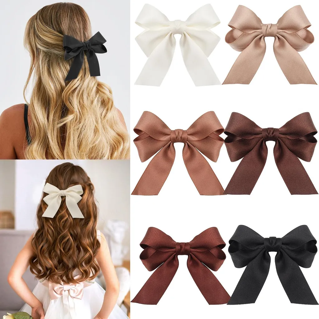 6 petits nœuds pour cheveux en satin marron avec pince crocodile anti-glisse