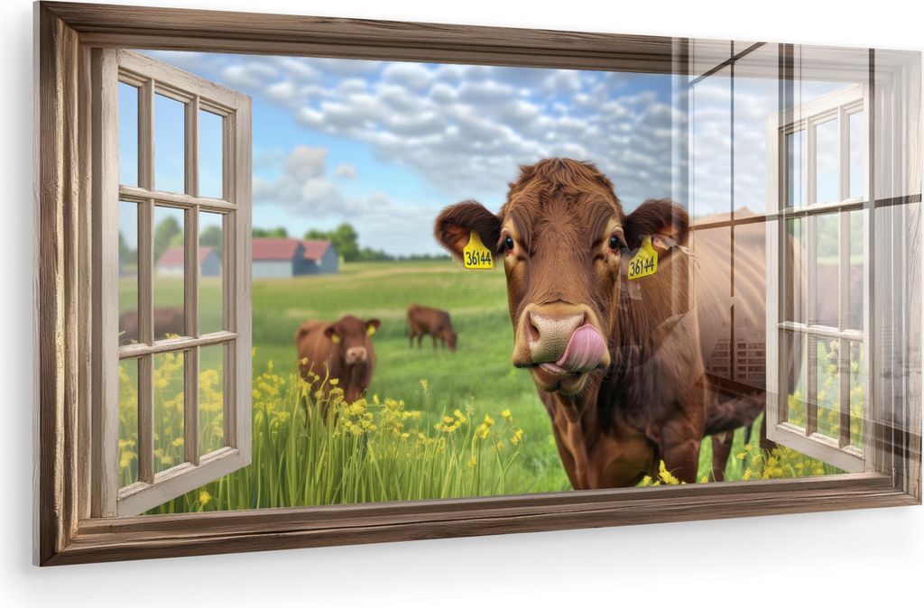 MuchoWow Glasbilder - Bilder auf Wandbild - Foto auf Glas Durchblick - Kuh - Wiese - Landschaft - Tiere 80x40 cm Wanddekoration aus Glas - Acrylgla...