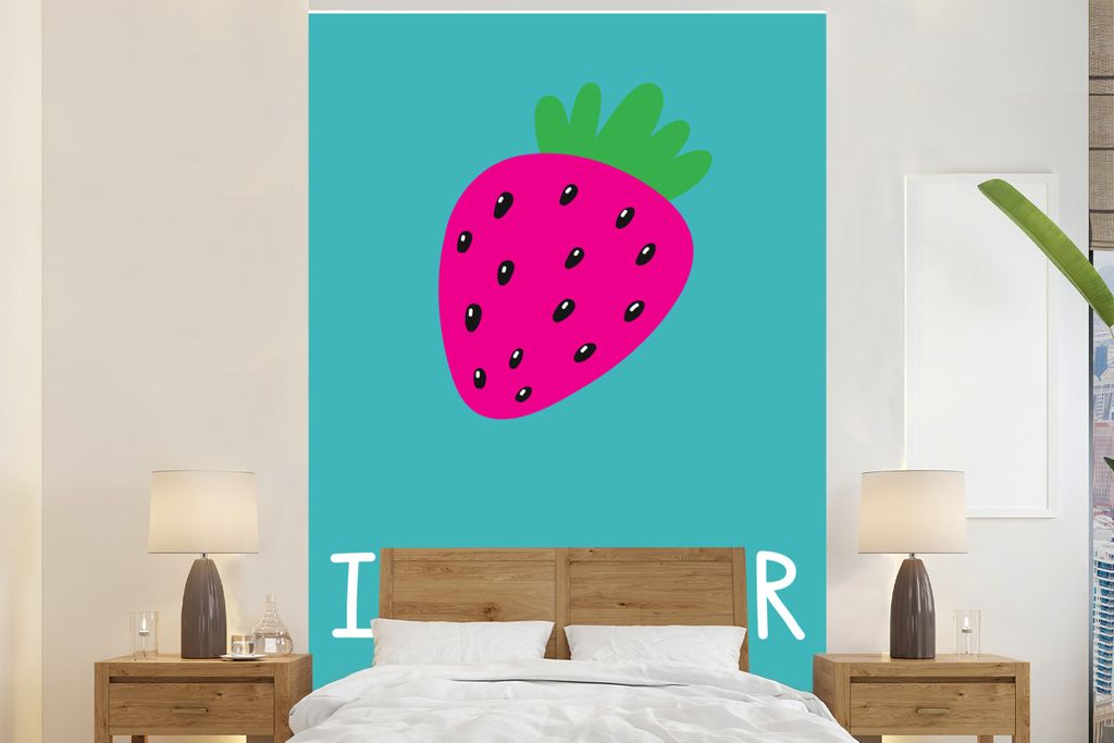 MuchoWow Fototapete für Wohnzimmer oder Schlafzimmer Wandtapete Vinyl Motivtapete Illustration mit einer Erdbeere und dem Zitat "I love summer"....