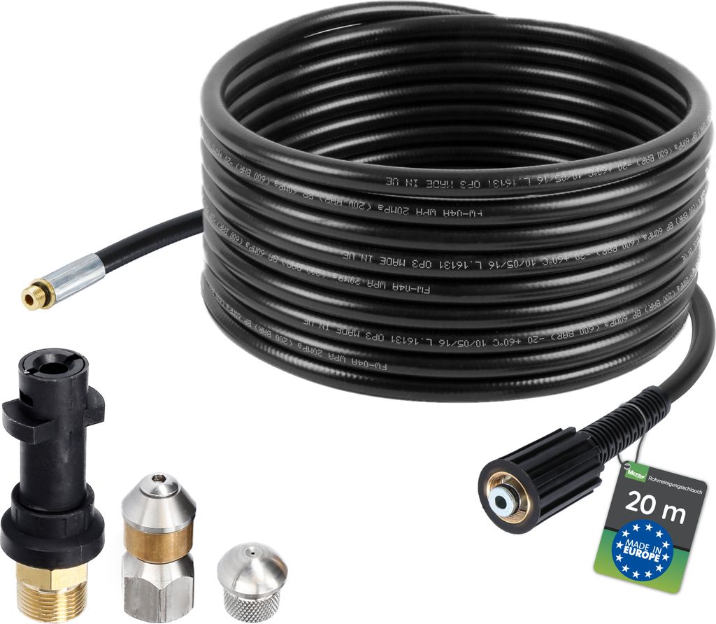 McFilter Hochdruckschlauch Rohrreinigungsschlauch, 25m, 200 bar, kompatibel mit Kärcher K7, Hochdruckreiniger, inkl. Adapter, Düsen starr + rotie...