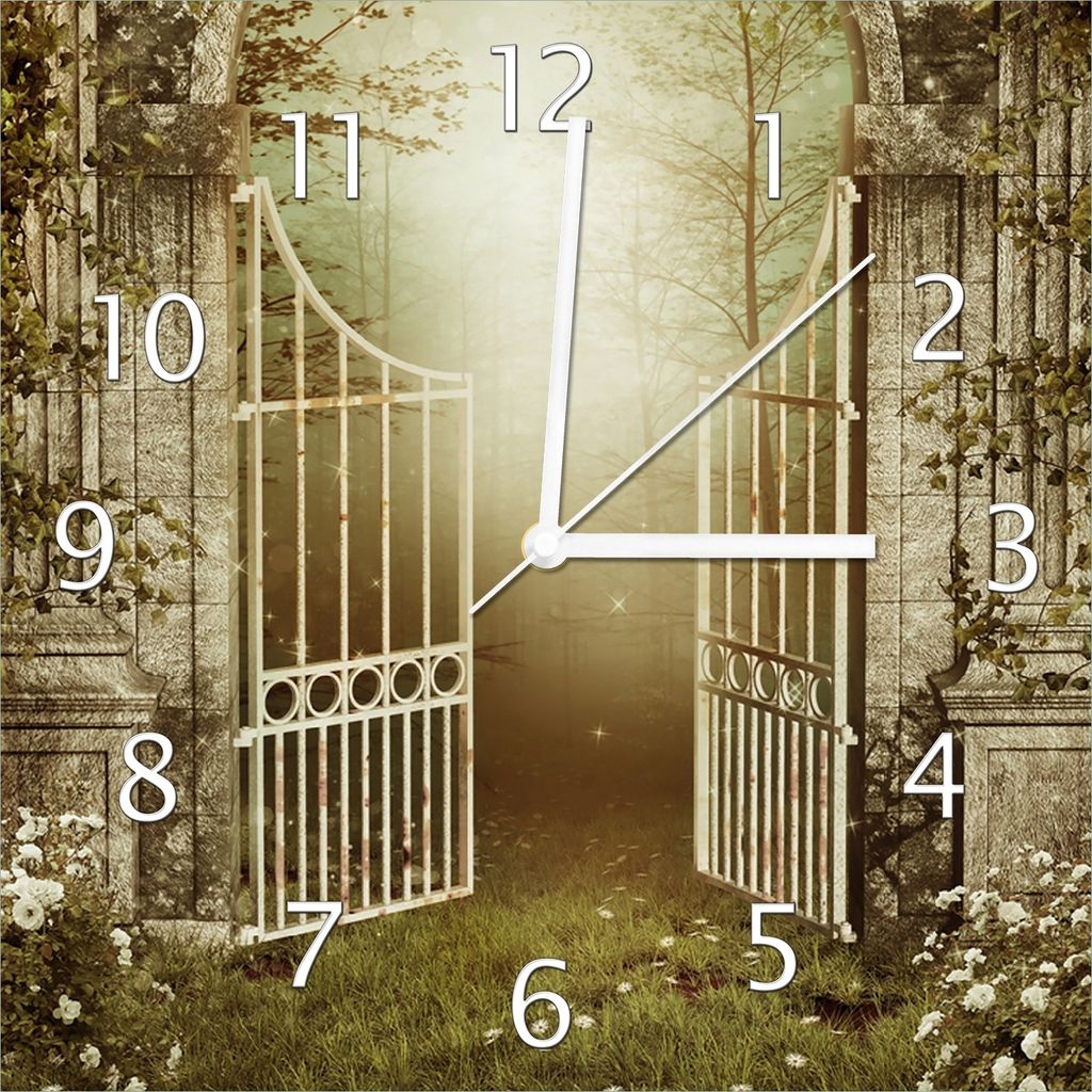 Wallario Design Wanduhr Tor in den Wald aus Echtglas, Größe 30 x 30 cm