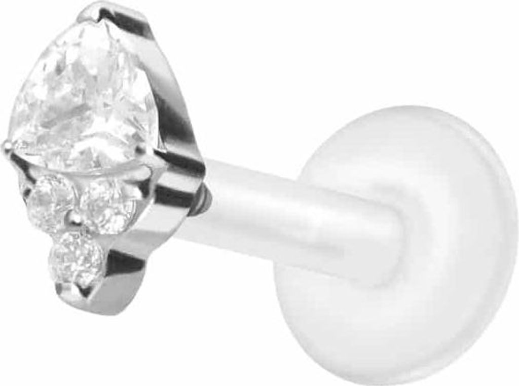 Ohrpiercing, Nasenpiercing PTFE Labret mit Innengewinde + Titan-Aufsatz EINGEFASSTE KRISTALLE Silber Stablänge: 6mm | Stabstärke: 1,2mm