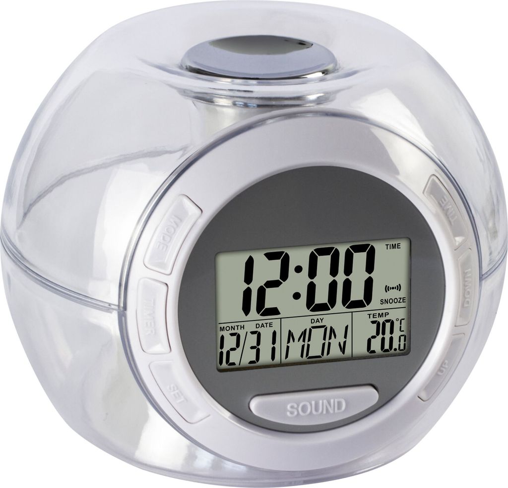 A digital alarm clock with a clear spherical casing.