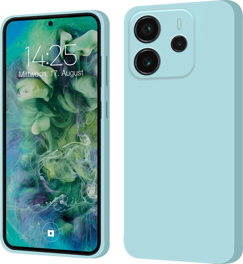 A light blue phone case is shown from the front and back, with the front displaying a phone screen with a clock and date.