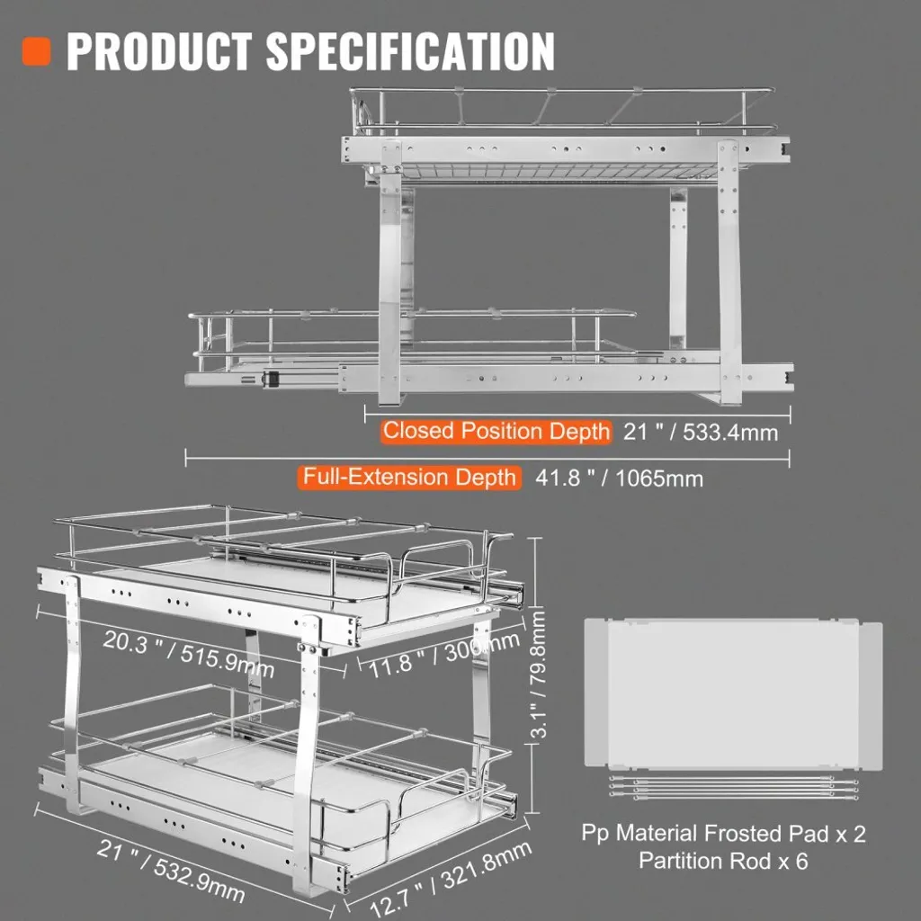 Scaffale estraibile per mobile da cucina - Portaspezie doppio per mobile lavello - 300 x 516 x 80 mm + 376 x 533 x 80 mm - Scaffale per mobile lavello Organizzatore per mobile estraibile - Scaffale base per mobile lavello - 7