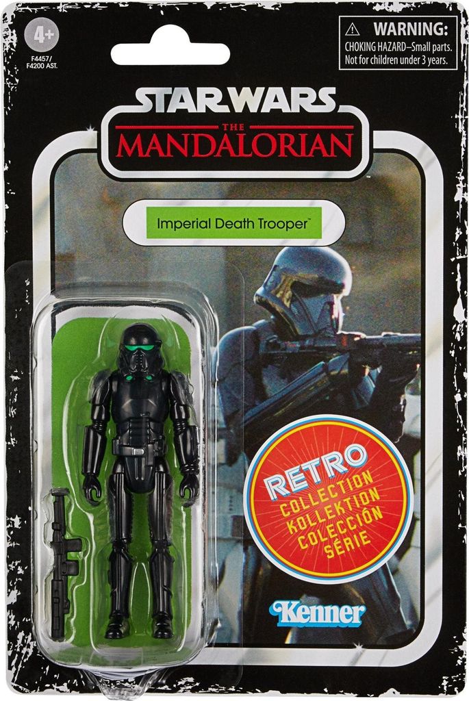 A Star Wars The Mandalorian Retro Collection Imperial Death Trooper action figure in its original packaging.
