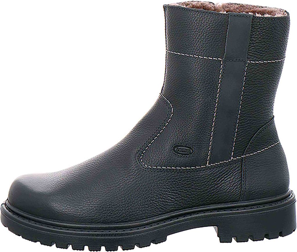 A black leather boot with a white stitched detail and a fur lining is shown against a white background.