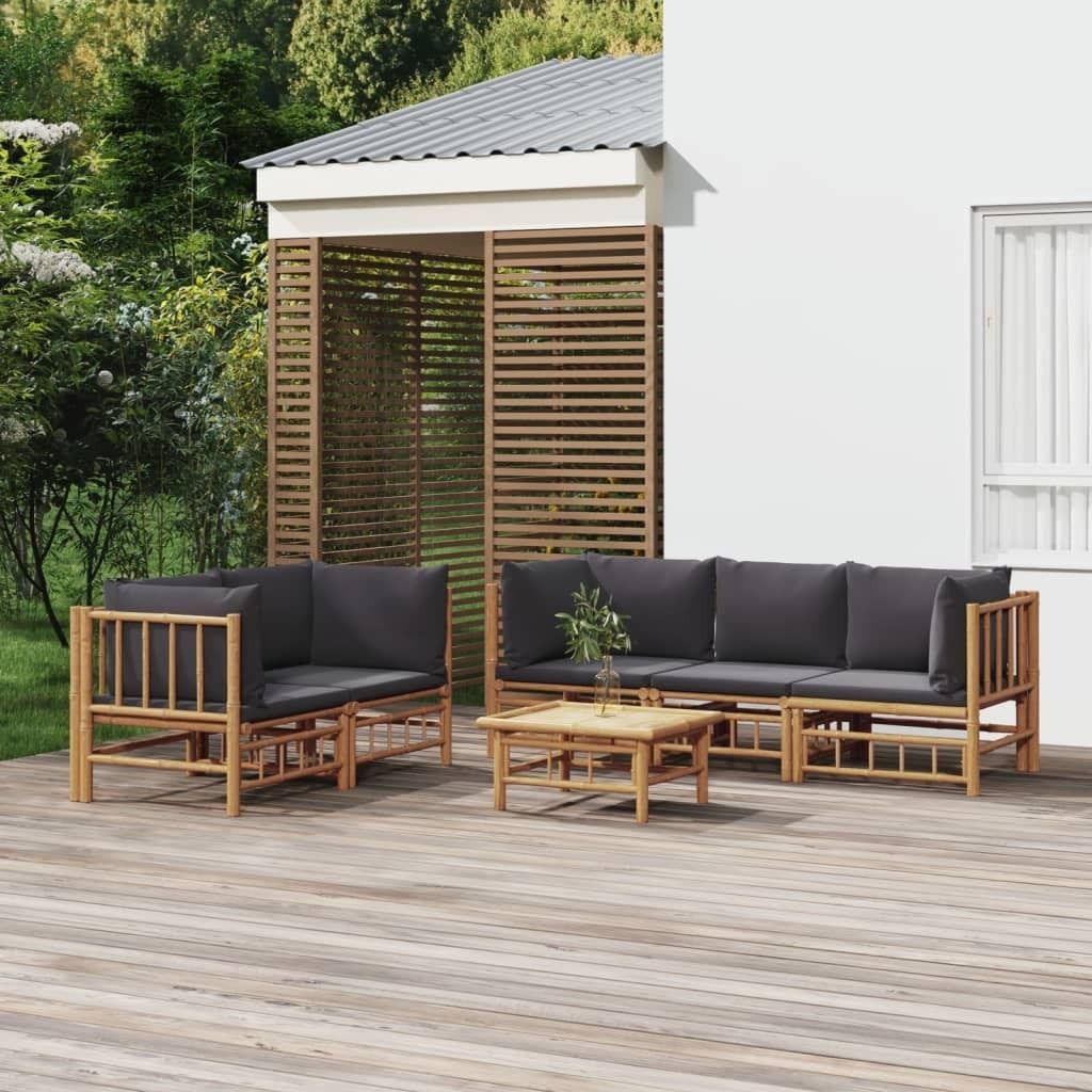 "Rabatt" 6-tlg. Garten-Lounge-Set - Wetterfestes Sitzgruppe - für 5 Personen - mit Dunkelgrauen Kissen Bambus - Lounge-Dining set CC7580