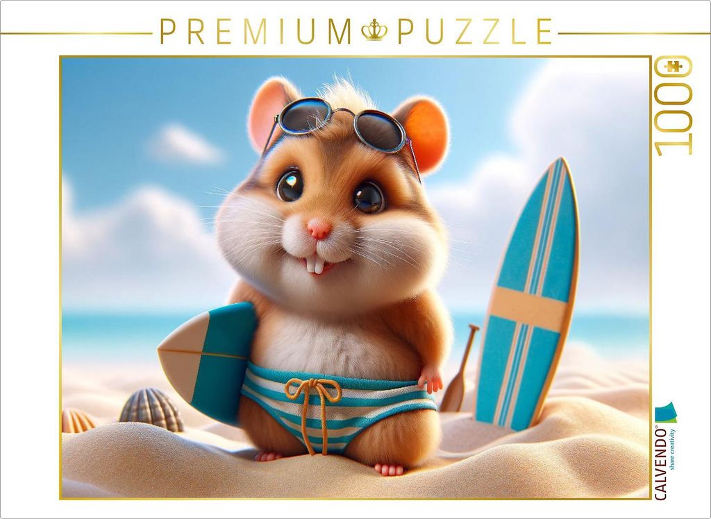 CALVENDO Puzzle Sonnige Strandtage: Der Surf-Hamster und sein Sandabenteuer | 1000 Teile Lege-Größe 64x48cm Foto-Puzzle für glückliche Stunden