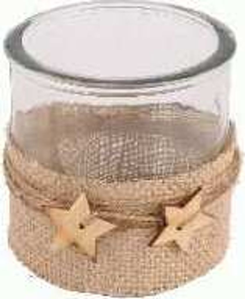 Windlichtglas Jute mit Sternen / 8cm / 1 Stück