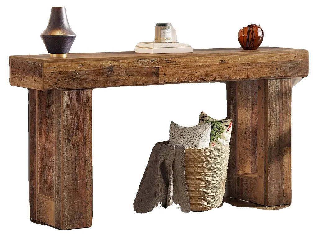 Table console rustique en bois brun avec grande surface 120x40x75 cm