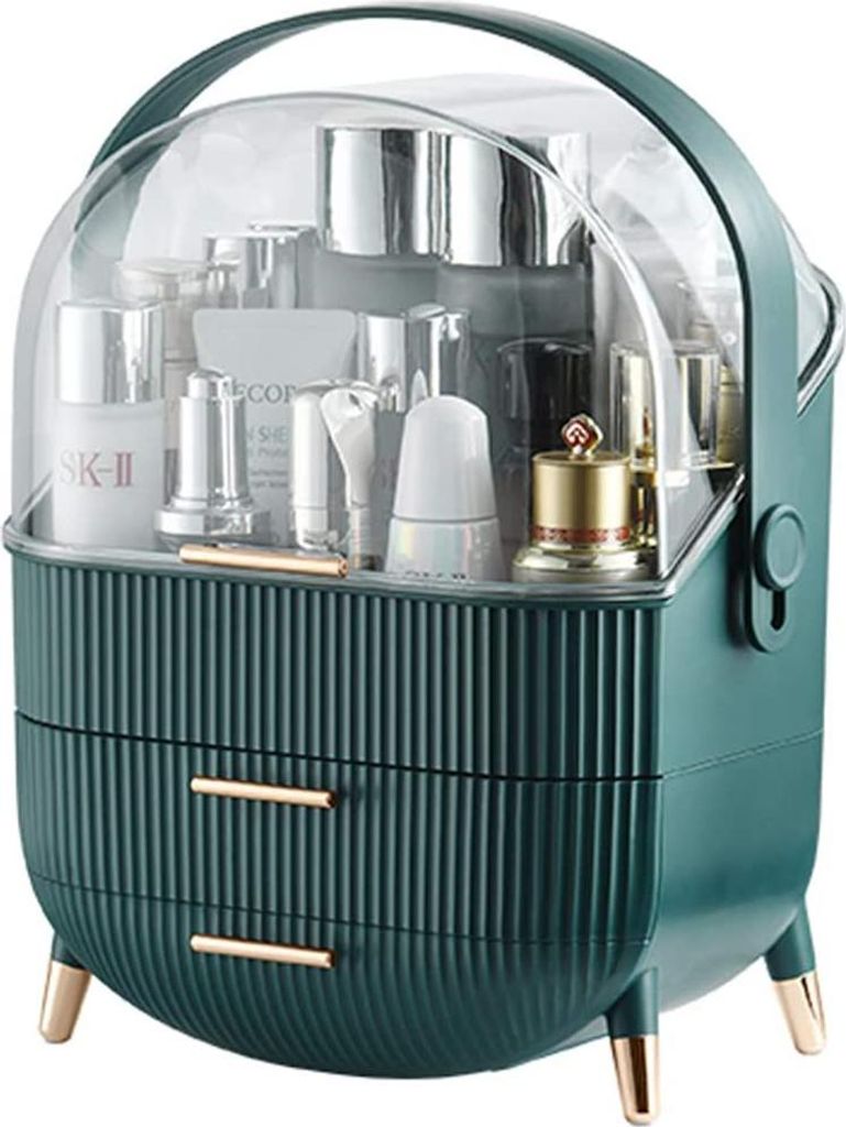 Make-up-Aufbewahrungsbox, wasser- und staubdicht, mit vollständig zu öffnendem Deckel und Schublade, tragbarer Griff, Hautpflegeständer für Bad...