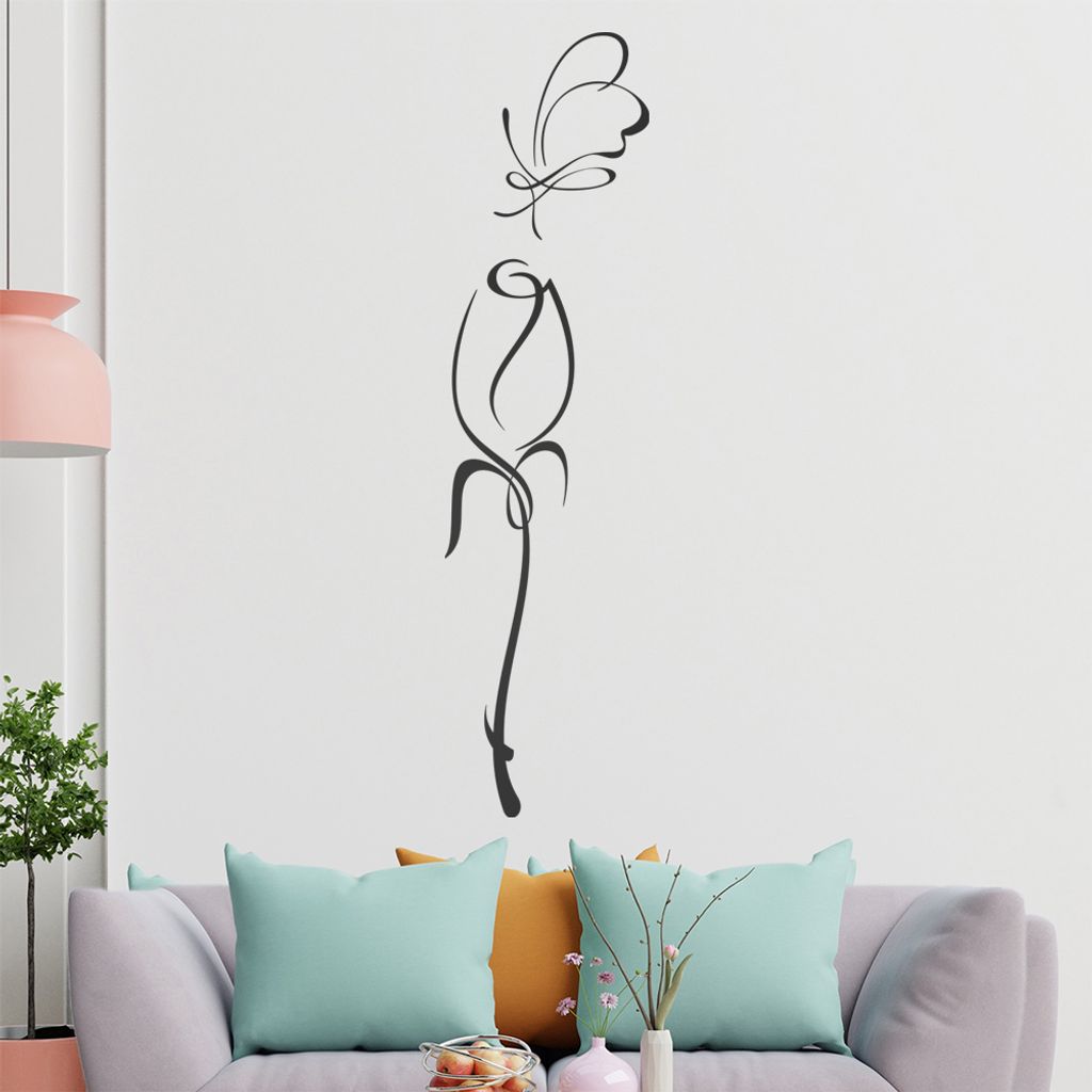 Schmetterling Blüten Linien Wandtattoo in 6 Größen - Wandaufkleber Wall Sticker - Dekoration, Küche, Wohnzimmer, Schlafzimmer, Badezimmer