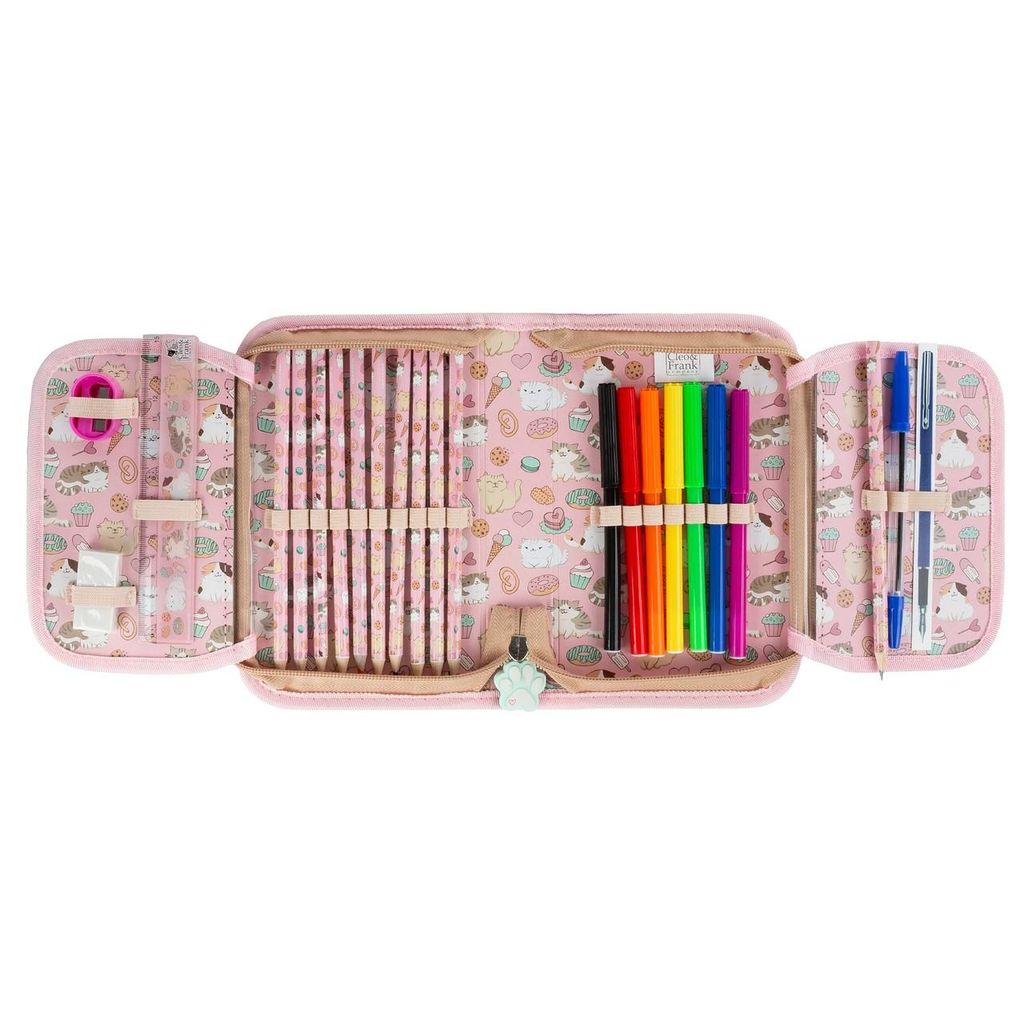 Katzen Federmappe 3-Fach Mit 43 Teilen - Süße Kätzchen Federtasche Für Schule & Büro