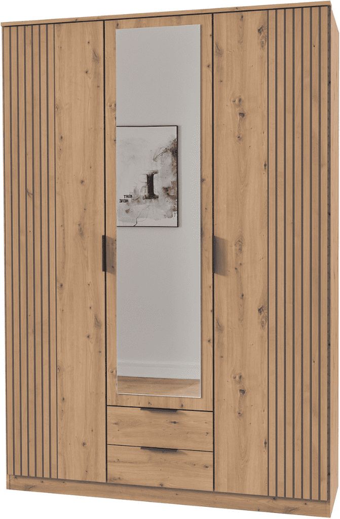 Schrank 3 Drehtüren mit 1 Spiegel und 2 Schubladen L135 cm - LUEBECK