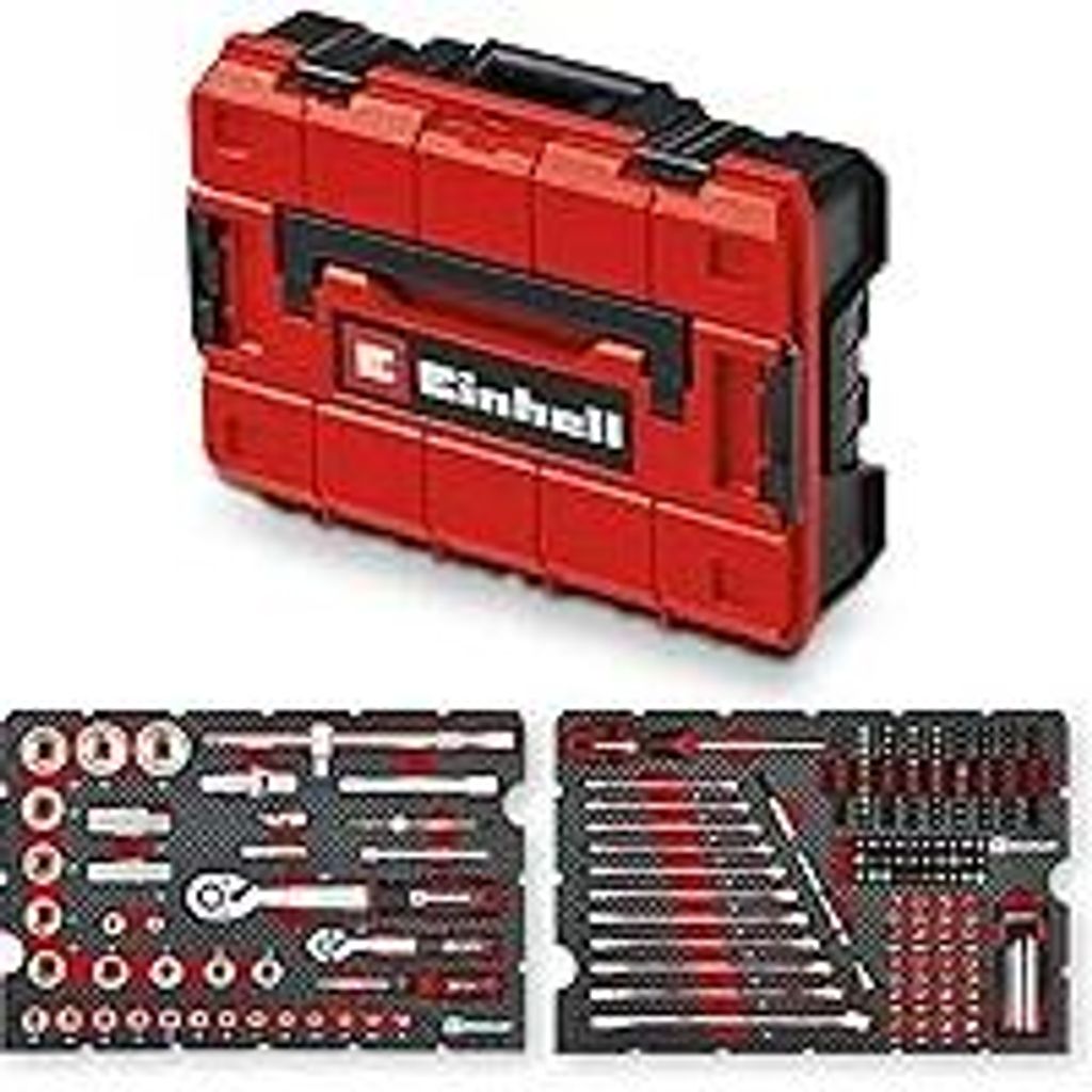 Original Einhell Werkzeugkoffer Mechanik E-Case 201-tlg. (Allrounder, Bit-Zubehör, Stecknuss-Set, Umschaltknarren, Schlüssel-Set, Systemkoffer)