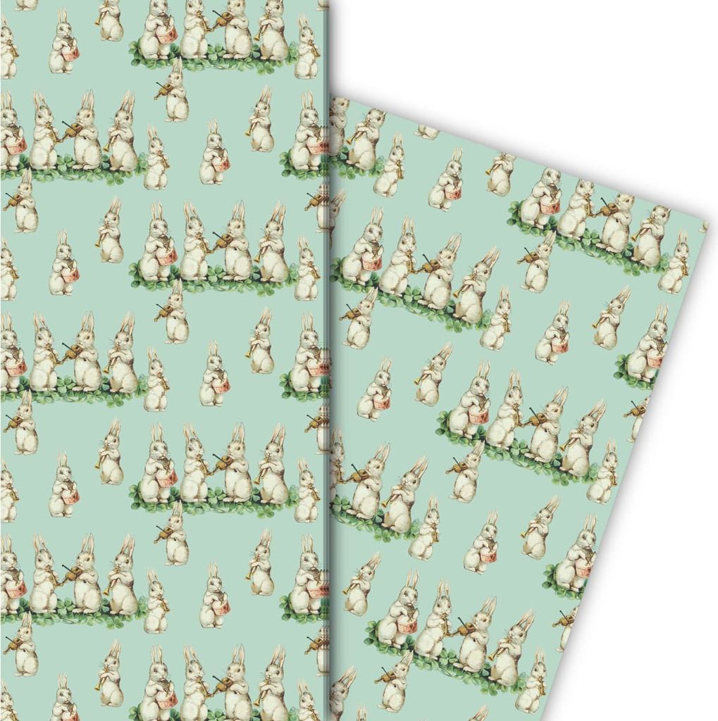Süßes Vintage Baby Geschenkpapier mit musizierenden Retro Hasen, hellblau - G7256, 32 x 48cm