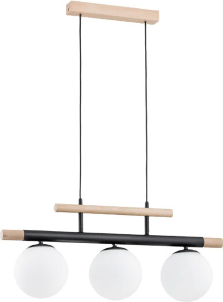 Suspension design bois clair et noir 3 lampes pour cuisine et salle à manger