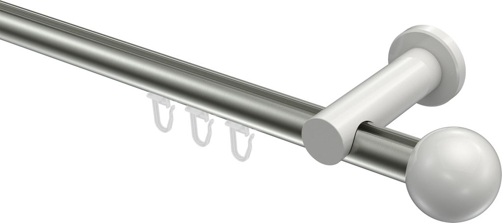 Interdeco Innenlaufstange / Gardinenstange mit Innenlauf Edelstahl-Optik / Weiß, Typ Platon Luino (Kugel), 20 mm Ø 1-läufig, 280 cm