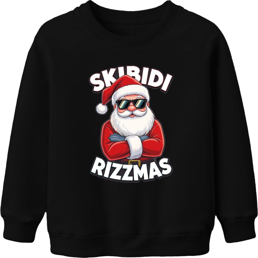 Skibidi Rizzmas Weihnachtsmann Sonnenbrille Lustig Meme Geschenk Uni Kinder Sweatshirt Pullover, Schwarz, 104
