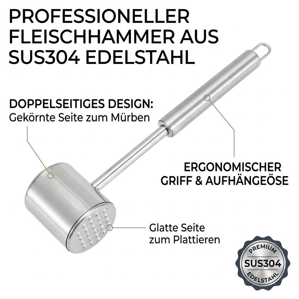 Fleischhammer Edelstahl SUS304 Profi Fleischklopfer Beidseitig 26,6cm