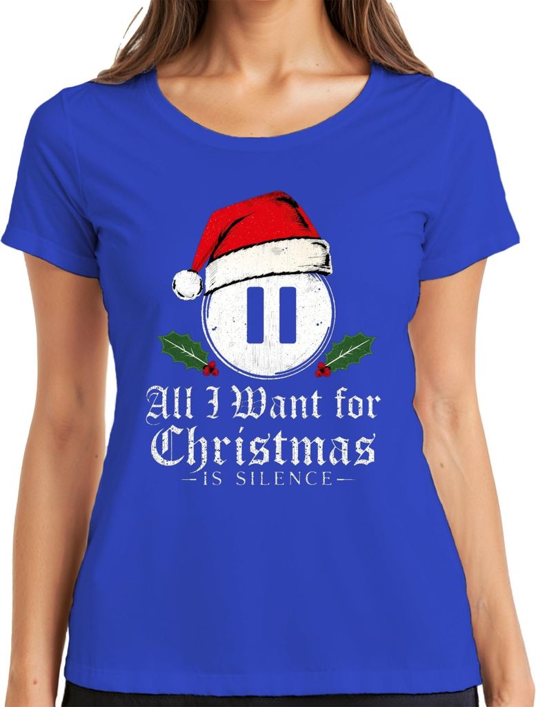 All I Want for Christmas is Silence introvert Santa hat holly Damen T-Shirt, Blau, 3XL