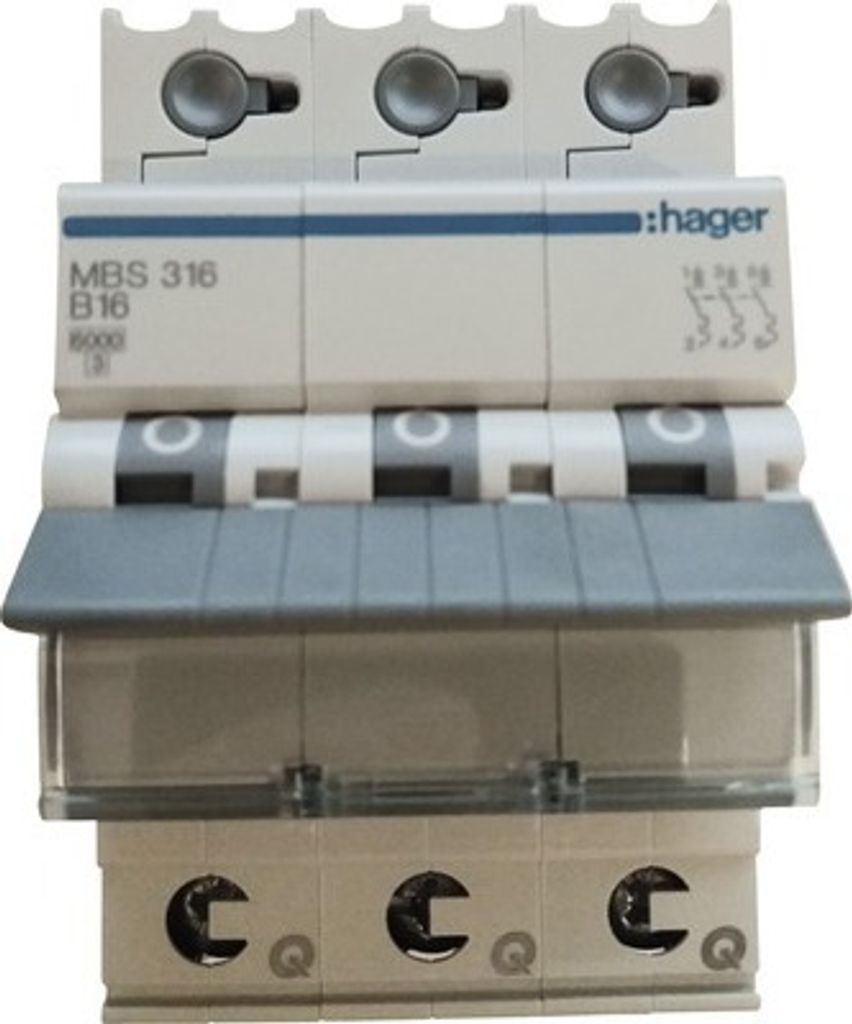 A close-up studio shot of a three-pole circuit breaker.