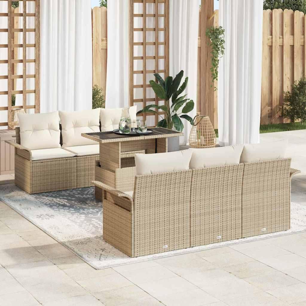 "Rabatt" Gartensofa-set - Balkonmöbel/Terrassenmöbel - mit Kissen - 7 pcs - Beige Poly-Rattan - Lounge-Dining set CC12655