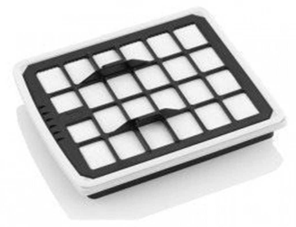A close-up, angled view of a white and black HEPA filter with a grid pattern.