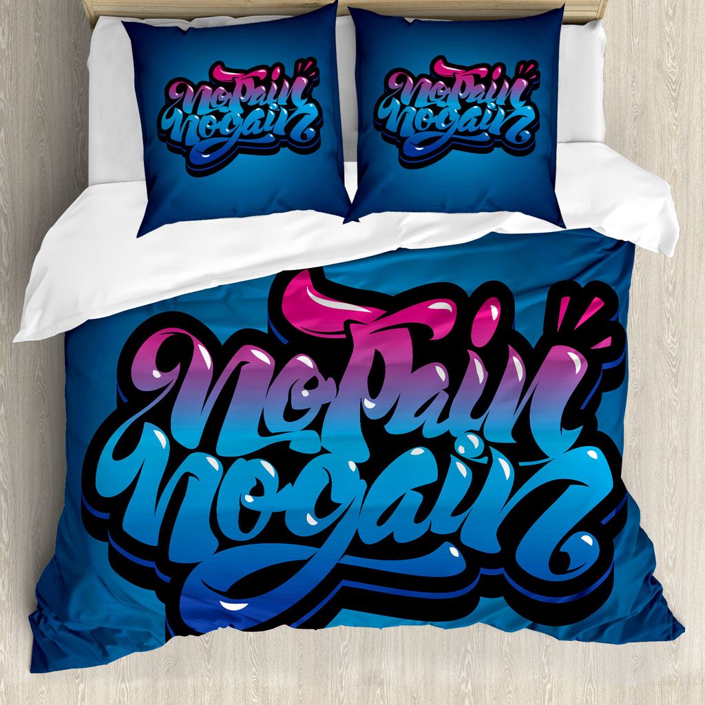 ABAKUHAUS Fitness Bettbezug, No Pain No Gain Wörter, Milbensicher Allergiker geeignet mit Kissenbezügen, 200 cm x 200 cm - 80 x 80 cm, Blau, Rosa...