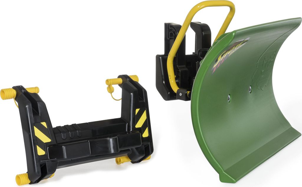 A green snow plow blade and a black and yellow attachment are shown against a white background.