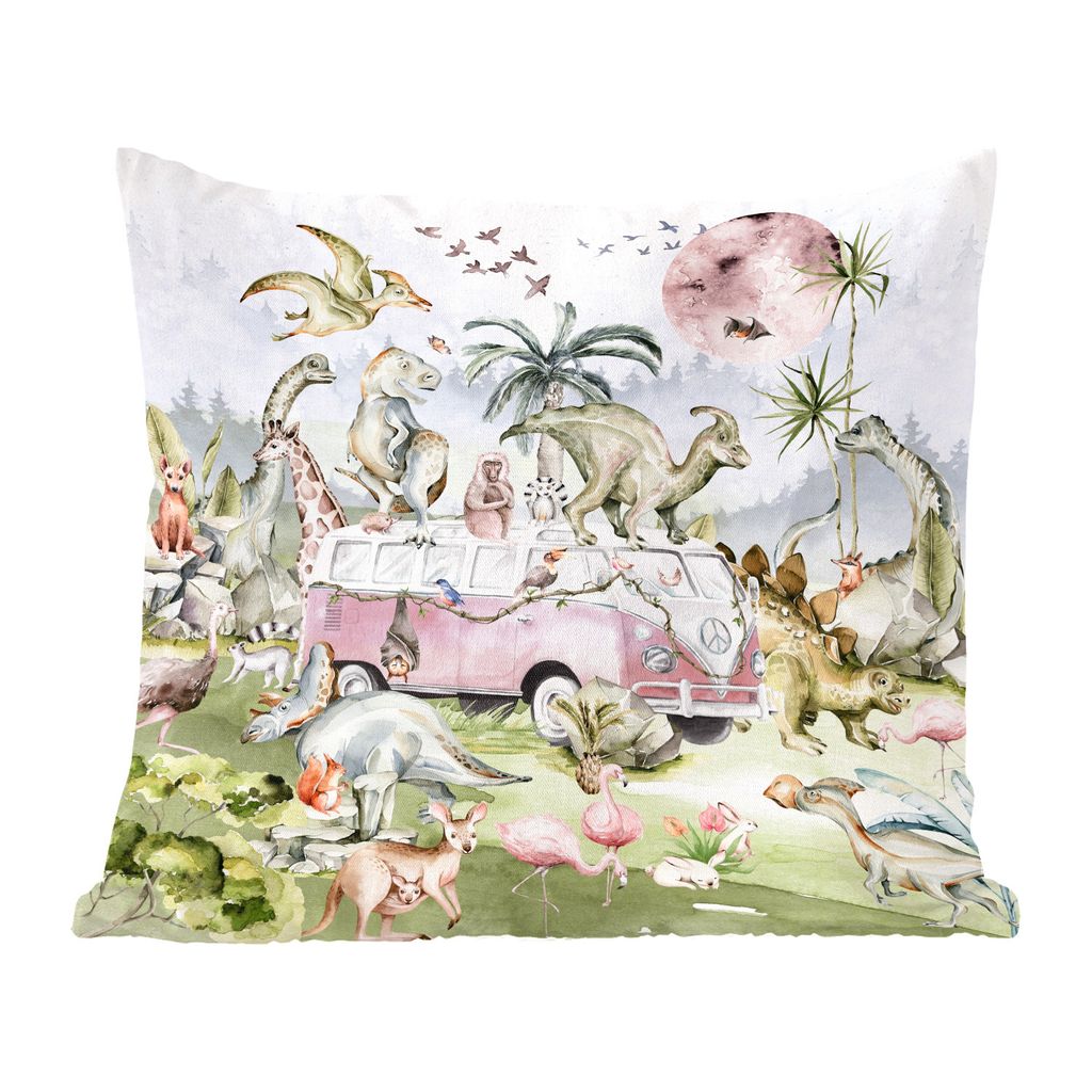 MuchoWow Zierkissen Sofakissen Wohnzimmer Dekokissen 50x50 cm Dinosaurier - Kinder - Bus - Bäume - Tiere - Kinder - Komfort - Sofakissen